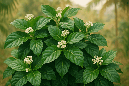 Green leaves with small white quora noni flowers on a blurred natural background in blog on Treasure9 website