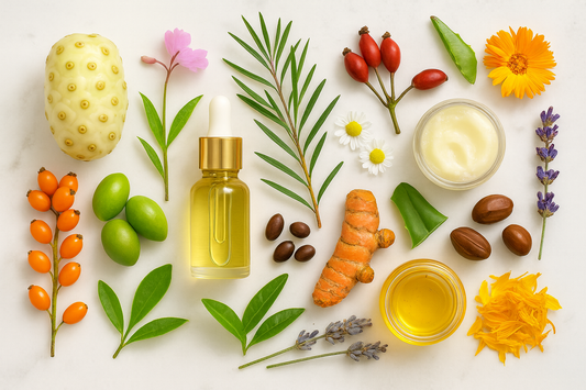 Elegant flat-lay of Treasure9's natural skincare ingredients featuring organic botanicals, plant extracts, and essential oils artfully arranged with soft natural lighting, embodying the brand's clean beauty philosophy