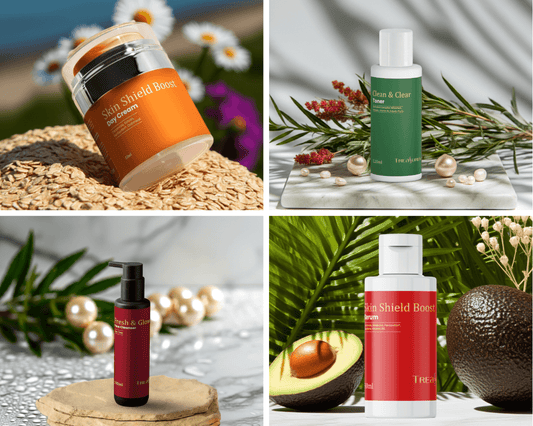 Treasure9 products blog with day cream, toner, cleanser, green amber red bottles with natural botanicals, avocado, quora noni, gotu kola, tea tree
