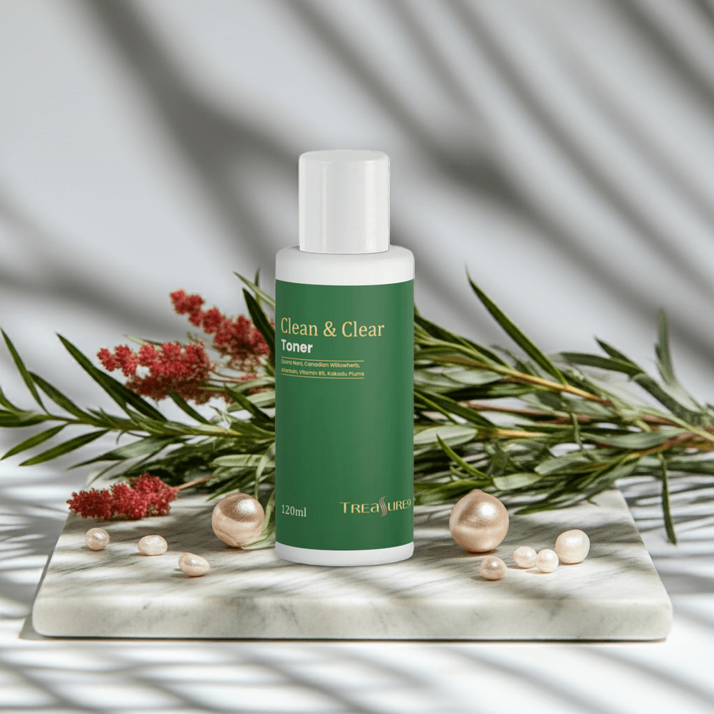 Treasure9 Green 120ml bottle of Clean & Clear Quora Noni toner on a marble surface with decorative elements