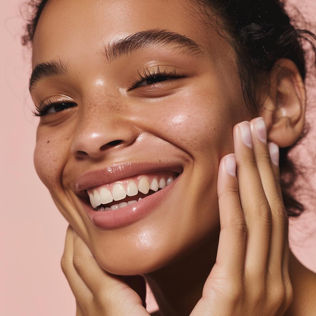 Happy girl using Treasure9 Skincare natural products. natural and clean skincare.