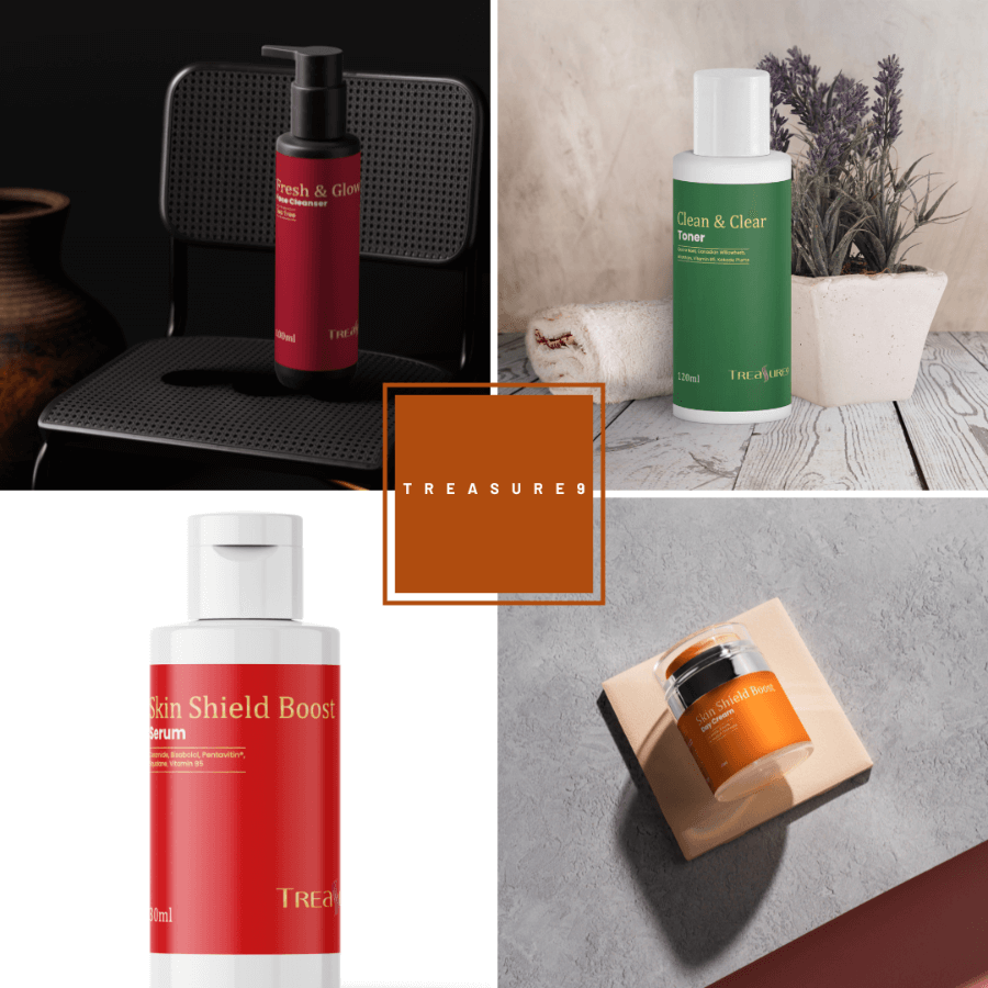 Collage of skincare products with Treasure9 branding on a neutral background on Treasure9 website