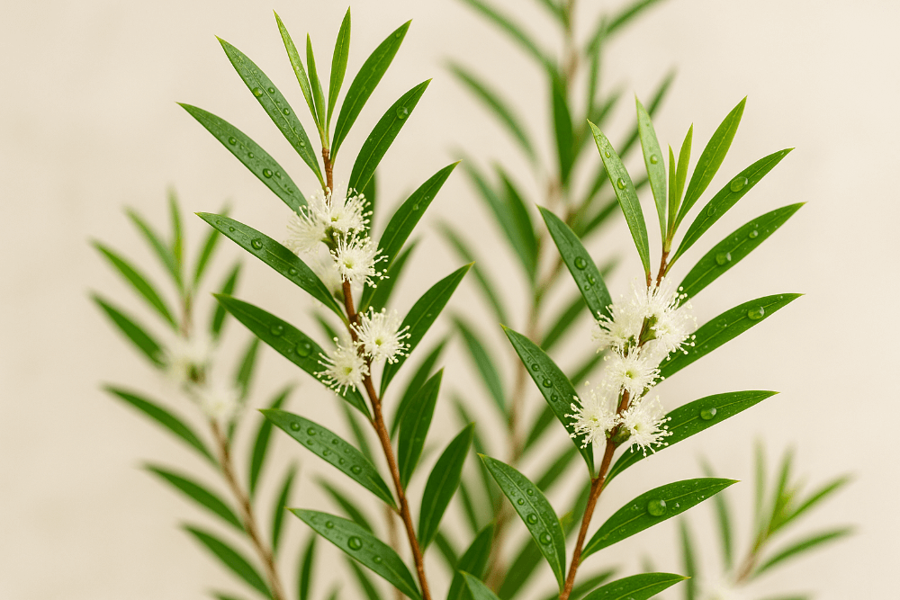 Close-up of green leaves with small white flowers on a beige background in blog on Treasure9 website