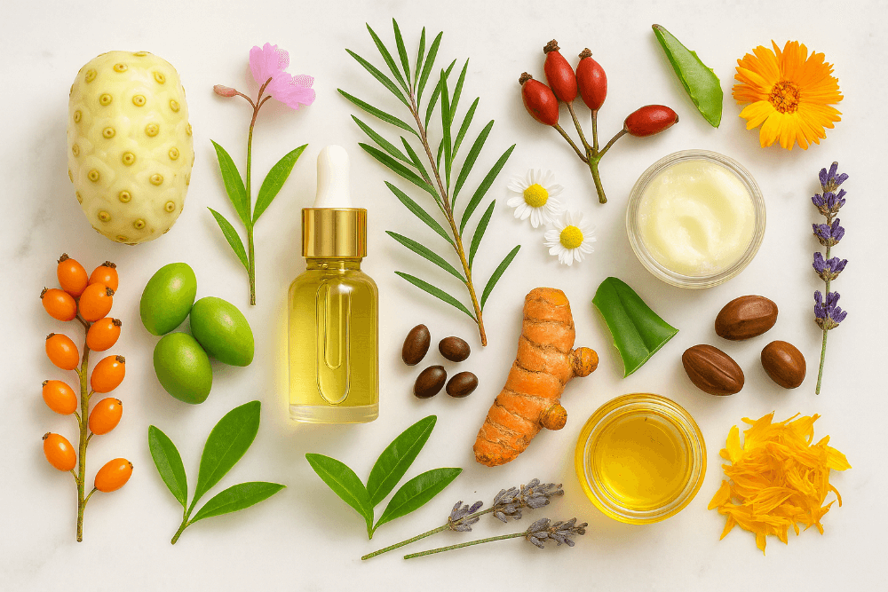 Collection of natural ingredients including plants, flowers, and oils on a light background in blog on Treasure9 website