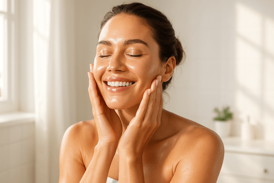 Woman enjoying skincare routine on her face in a bright room in a blog on Treasure9 website