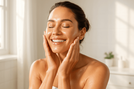 Woman enjoying skincare routine on her face in a bright room in a blog on Treasure9 website