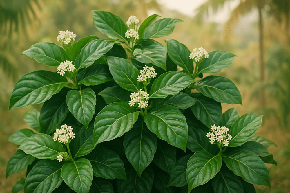 Green leaves with small white quora noni flowers on a blurred natural background in blog on Treasure9 website